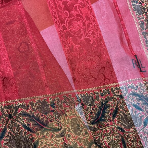 Lauren Ralph Lauren 100% Silk Red & Gold Floral Leaf Scarf Wrap - Picture 7 of 7